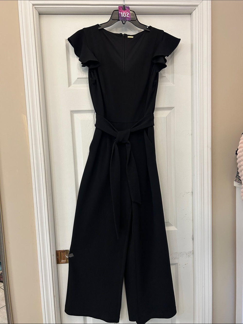 Tahari Black Flutter-Sleeve Belted Jumpsuit
